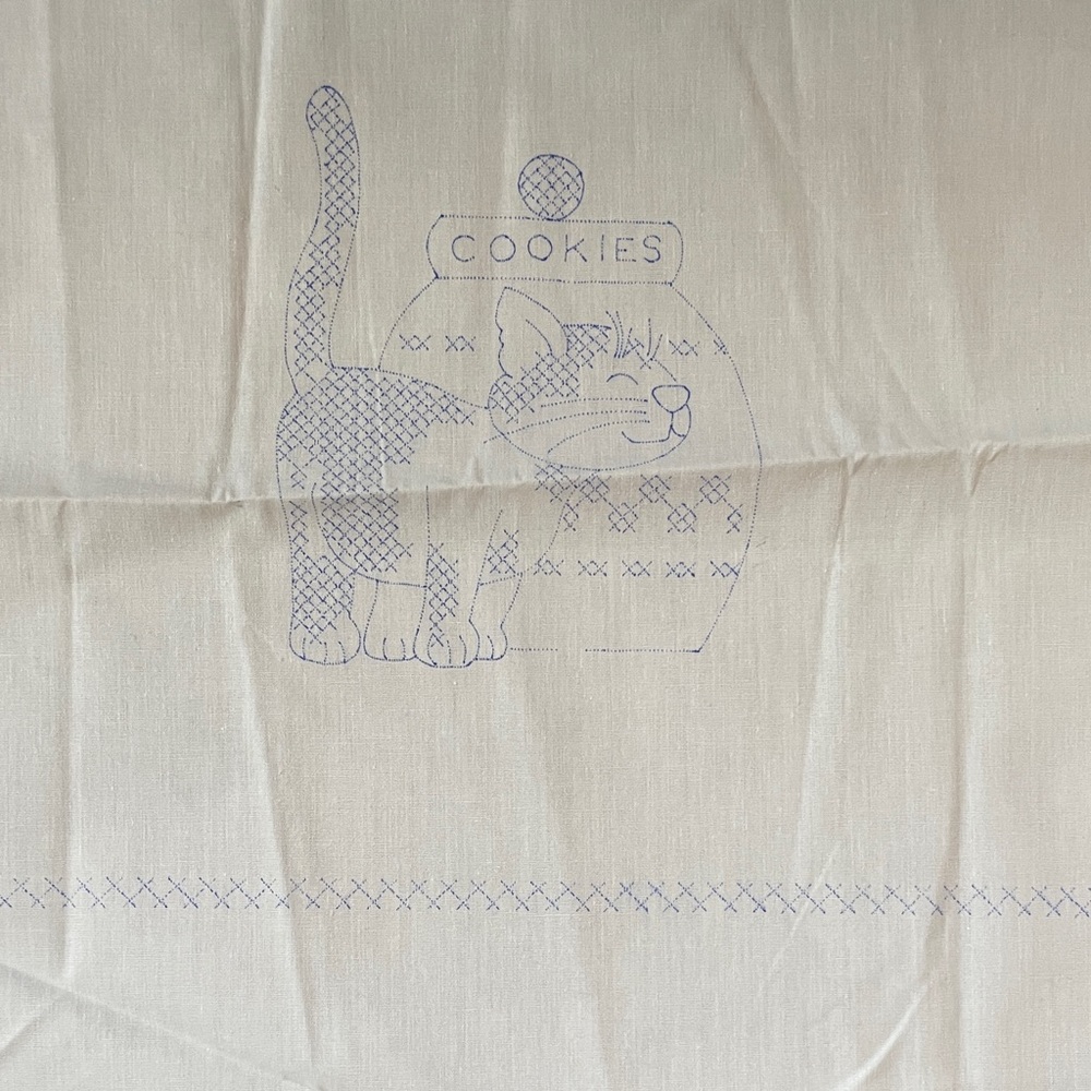 Hand Crafted Cream and Blue Cat Embroidery Fabric